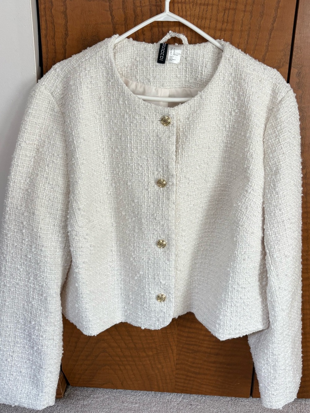 H&M Cream Bouclé Cropped Jacket Gold Buttons XL Chanel Style